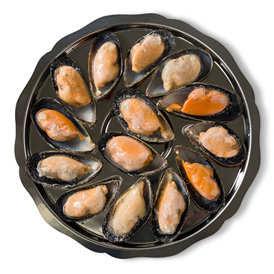 gekookte mosselen in halve schelp in 1kg. verpakking